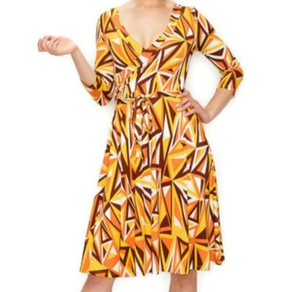Janette Fashion Mustard Brown Faux Wrap Knee Length Dress